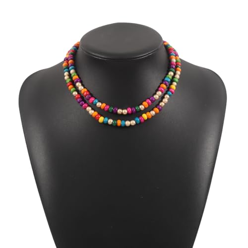 COLORFUL BLING Layered Boho Wood Beaded Choker Necklace Vintage Natural Wooden Bead Collar Necklace for Women Handmade Tribal Bohemian Jewelry - color: Colorful
