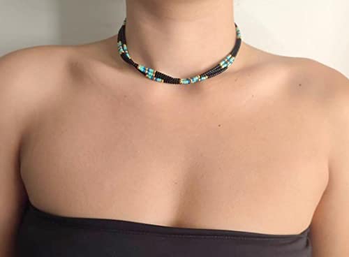 Beaded Choker Necklace for women and Teen Girls, Boho Bohemian Adjustable Colorful Seed Beads Necklace, Handmade Native American Style Jewelry by TRIBES - color: Black multicolor, style: Single Necklace