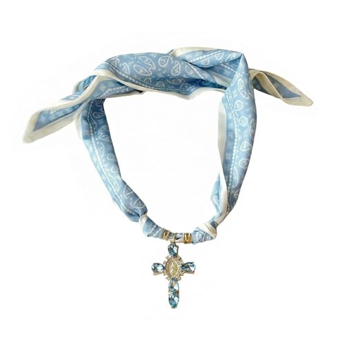 Scarf Necklace for Women Choker Necklace Cross Pendant Trendy Vintage Handmade Charm Jewelry Gift Leopard Silk Bandana Western Bohemian - color: Blue