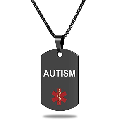 Medical Alert ID Necklace, Laser Engraved Autism, Stainless Steel Tag Pendant with 23.6 inch Chain for Men Women - color: Black, size: AUTISM