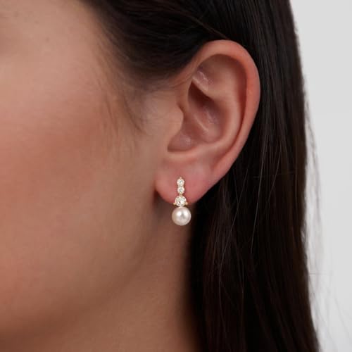 14K Gold Plated Pearl Earrings for Women, Dainty Pearl Drop Dangle Earring for Women Trendy Cubic Zirconia Simple Earrings Fashion Jewelry for Women - color: Zirconia Pearl