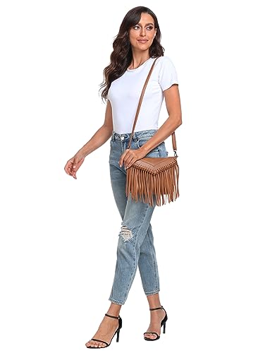 HDE Women's PU Leather Hobo Fringe Crossbody Tassel Purse Vintage Small Flap Envelope Handbag Western Sling Shoulder Bag - color: Caramel Brown