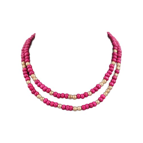 COLORFUL BLING Layered Boho Wood Beaded Choker Necklace Vintage Natural Wooden Bead Collar Necklace for Women Handmade Tribal Bohemian Jewelry - color: Rose
