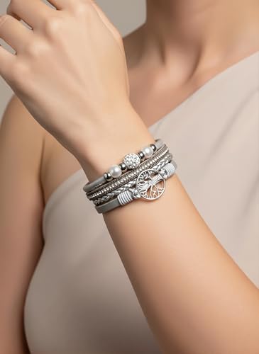 Edoneery Leather Wrap Bracelet for Women, Boho Handmade Multi-Layer Cuff with Crystal Beads Heart, Stackable Bangle Western Jewelry Gift - style: Tree of Life(Silver)