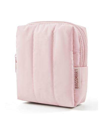 BAGSMART Small Travel Makeup Bag for Purse Toiletry Pouch, Puffy Padded Mini Cosmetics Bag, Cute Make Up Pouch for Women with Slip-in Pocket, Travel Essentials for Toiletries, Baby Pink - color: 01-Baby Pink
