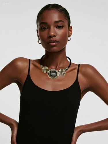 Chunky African Costume Necklace for Women - Colorful Ethnic Boho Bib Collar Choker,Tribal Wire Wrapped Big Stone Crystal Statement Handmade Jewelry - color: rose gold