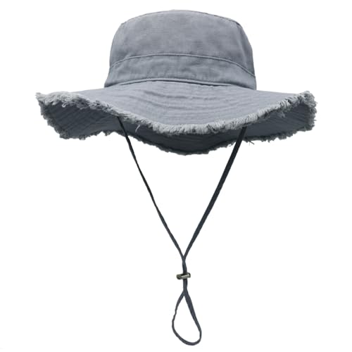 LLmoway Womens UPF50+ Cotton Wide Brim Sun Hat with Strap Ladies Summer Floppy Hats Packable Women Washed Fringes Bucket Hat - color: Grey