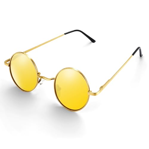 Morcheiong Polarized Hippie Sunglasses Retro Round Glasses for Women Men Vintage Circle Sunglasses UV400 - color: Gold Frame Yellow Film