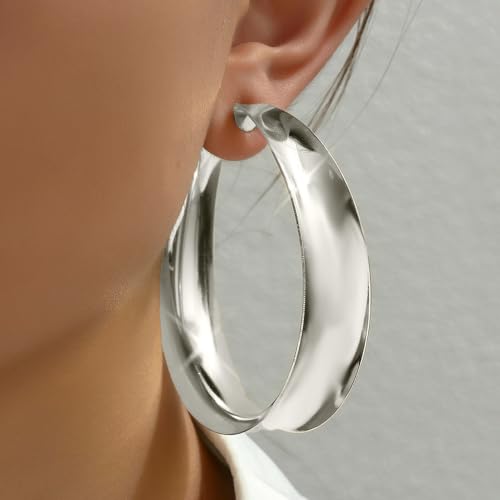 Chunky Gold Silver Hoop Earrings for Women Wide Flat Huggie Hoops Dangle Earrings Big Large Punk Smooth Surface Statement Earrings Fashion Jewelry - color: B Silver