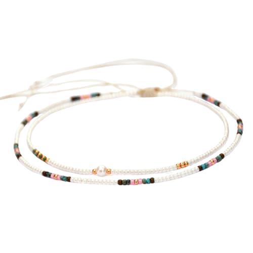Beaded Choker Necklace for women and Teen Girls, Boho Bohemian Adjustable Colorful Seed Beads Necklace, Handmade Native American Style Jewelry by TRIBES - color: Pearl, Turquoise, Pink, style: Set of 2 Necklaces