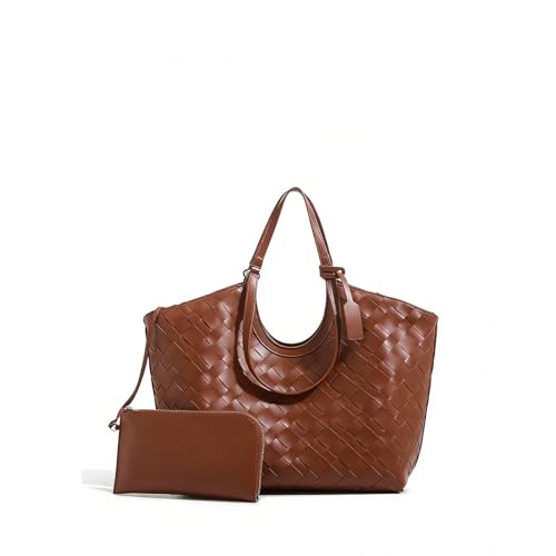 2025 Large Capacity Woven Tote Shoulder Bag for Women - Spacious Handbag for Daily Commute Travel (Brown)