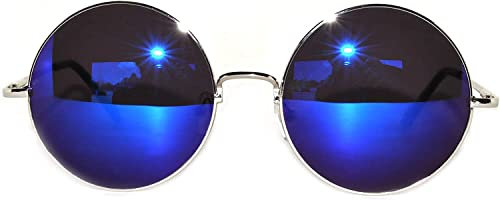 OWL Round Retro Small Circle Tint & Mirror Colored Lens 43-55 mm Sunglasses Metal - color: 56mm Silver / Blue Mirror