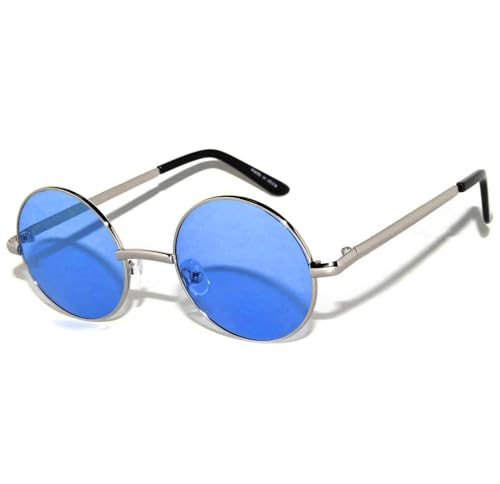 OWL Round Retro Small Circle Tint & Mirror Colored Lens 43-55 mm Sunglasses Metal - color: 43mm Silver / Blue