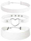 3-Pack Chokers — Velvet (1.5") + Leather (0.6") + Heart Pendant, Adjustable 12–18", Stainless Steel Hardware, 90s/Goth Layering Set — Black | Red | Green | White - color: White