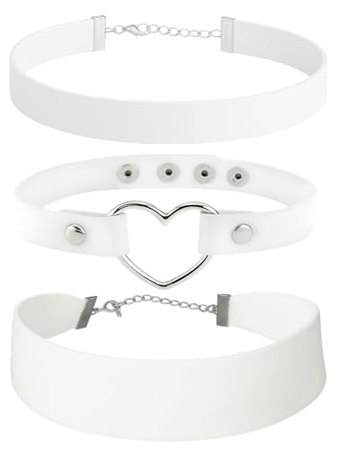 3-Pack Chokers — Velvet (1.5") + Leather (0.6") + Heart Pendant, Adjustable 12–18", Stainless Steel Hardware, 90s/Goth Layering Set — Black | Red | Green | White - color: White