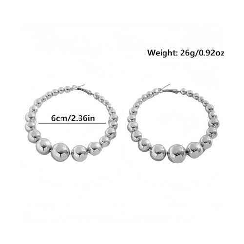 Chunky Gold Beaded Hoop Earrings for Women Vintage Large Circle Balls Beads Dangling Hoops Earring Exaggerated Big Round Ball Jewelry Formal Accessories - color: Silver