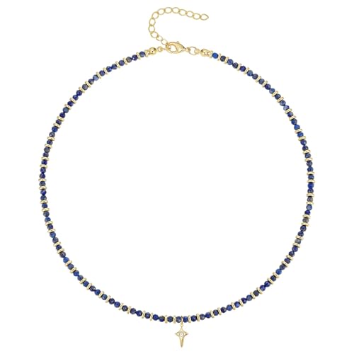 KissYan Beaded Choker Necklace for Women, Colorful Natural Gemstones Pearl Choker 14K Gold Plated Pendant Healing Crystal Necklace Handmade Stone Jewelry Gift - color: B-Lazurite