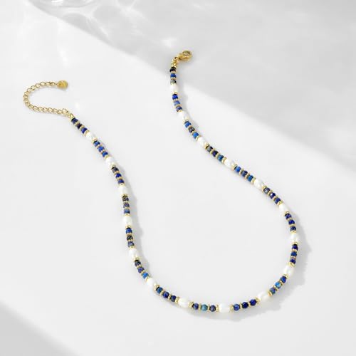 KissYan Beaded Choker Necklace for Women, Colorful Natural Gemstones Pearl Choker 14K Gold Plated Pendant Healing Crystal Necklace Handmade Stone Jewelry Gift - color: Q-Lapis lazuli