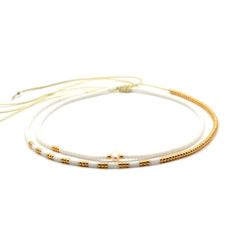 Beaded Choker Necklace for women and Teen Girls, Boho Bohemian Adjustable Colorful Seed Beads Necklace, Handmade Native American Style Jewelry by TRIBES - color: White & Gold, style: Set of 2 Necklaces