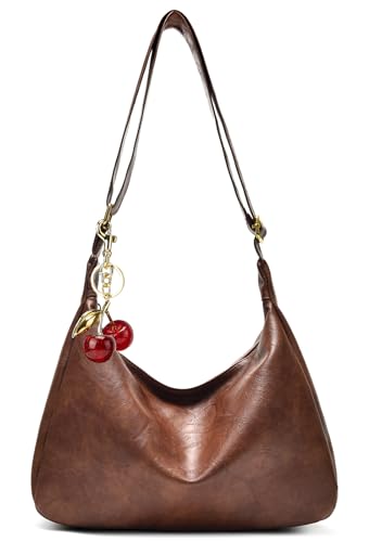 Hobo Bags for Women Leather,Foldable Slouchy Shoulder Purse Crossbody Handbag,Soft Vegan Brown Tote Casual Everyday Handbags - color: Wy22 Upgraded Brown