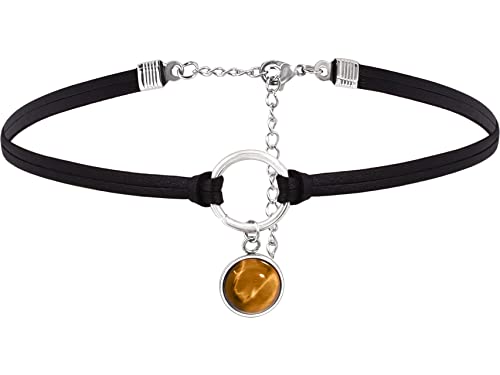 Sacina O Ring Crystal Choker, Black Choker, Boho Hippie Necklace, Gothic Necklace, Christmas Jewelry Gift for Women - color: tiger eye