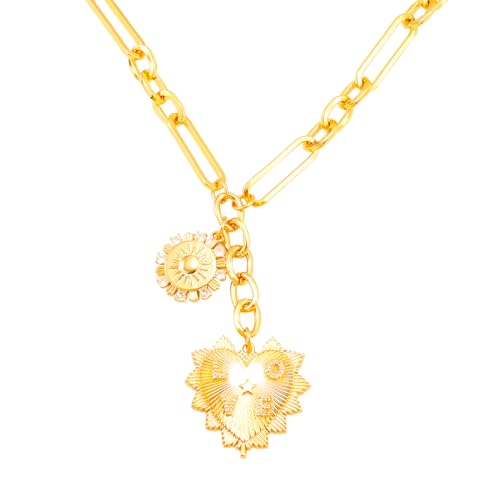 ORIGENCE Sun Heart Necklace for Women 18K Gold Plated Heart Pendant Necklace Chunky Chain Choker Necklaces Hip Hop Charm Necklaces Trendy Unisex Jewelry - style: 2Charm-Gold
