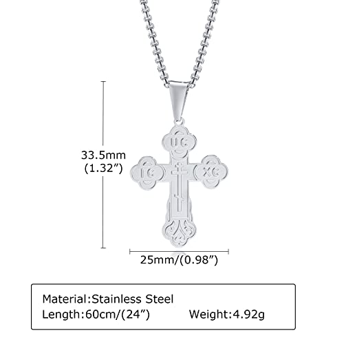 Men's Orthodox Cross Pendant Necklace - Trendy Religious Cross Chain,Hypoallergenic Waterproof Stainless Steel Christian Long Necklaces,Non Tarnish Byzantine Cross Symbol Pendants Necklace for Him - color: Silver-new