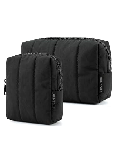 BAGSMART Makeup Bag Duo Set, Puffy Padded Travel Cosmetic Organizer with Slip-in Pockets, Large Toiletry Bag & Small Purse Pouch, Travel Essentials for Women, Black - color: 13-Black
