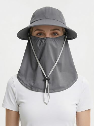 Outdoor Wide Brim Sun Hat Visor for Women, Detachable Face & Neck Cover, Hiking Gardening UPF 50+, Ponytail Friendly - color: Dark Grey
