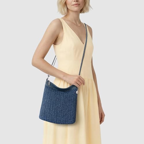 The Sak Lucia Crossbody Bag in Crochet, Convertible Purse with Adjustable Shoulder Strap - color: Denim Tonal Straw
