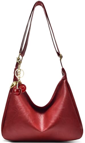 Hobo Bags for Women Leather,Foldable Slouchy Shoulder Purse Crossbody Handbag,Soft Vegan Brown Tote Casual Everyday Handbags - color: Wy22 Upgraded Wine Red