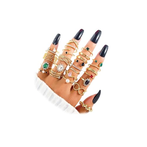 Gold Boho Sparkle Knuckle Rings Set For Women, Vintage Fashion Aesthetic Trendy Joint Snake Ring Pack, Retro Green Black Pink Colorful Rhinestone Star Crystal Leaf Diamond Pearl Jewelry - color: Gold-26Pcs