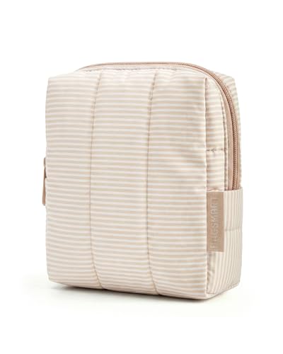 BAGSMART Small Travel Makeup Bag for Purse Toiletry Pouch, Puffy Padded Mini Cosmetics Bag, Cute Make Up Pouch for Women with Slip-in Pocket, Travel Essentials for Toiletries, Strip Khaki - color: 10-Khaki Strip