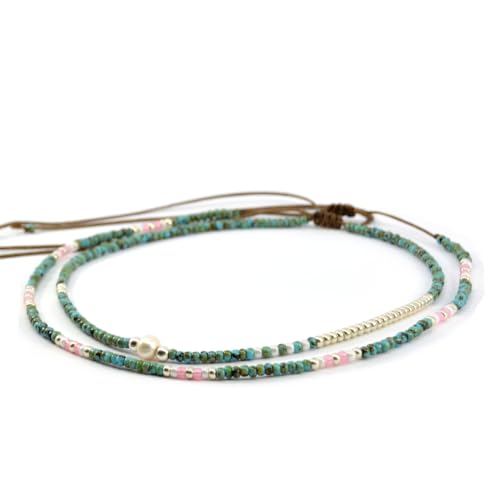 Beaded Choker Necklace for women and Teen Girls, Boho Bohemian Adjustable Colorful Seed Beads Necklace, Handmade Native American Style Jewelry by TRIBES - color: Turquoise & Pink, style: Set of 2 Necklaces