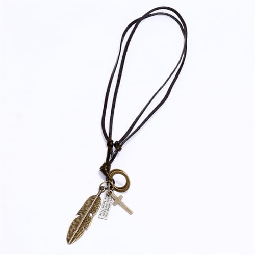 Leather Necklace with Stainless Steel Pendant for Men Women, Vintage Hemp Rope Tribal Choker Necklaces Adjustable 18-30 inch, Clasp-Free Long Necklace - color: Bronze Feather Pendant