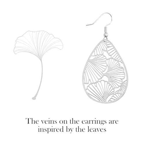 Teardrop Earrings for Women, 14K Plated Dangle Earrings Handmade Filigree Teardrop Dangling Earrings Ginkgo Hypoallergenic 925 Sterling Leaf Earrings for women - color: Maple Leaf Silver