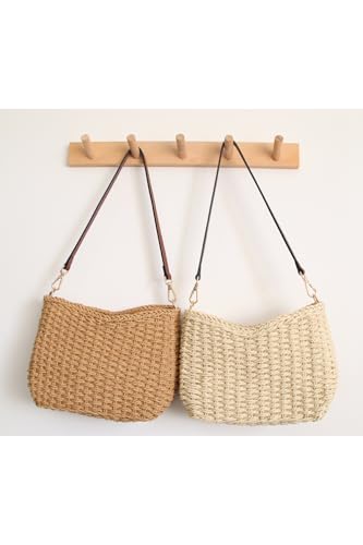 Women Small Hand Woven Straw Bag Mini Handmade Summer Beach Purse Chic Vacation Shoulder Handbag | Small, Mini, Handmade, Underarm, Square, Purse - color: Beige - Cognac Strap