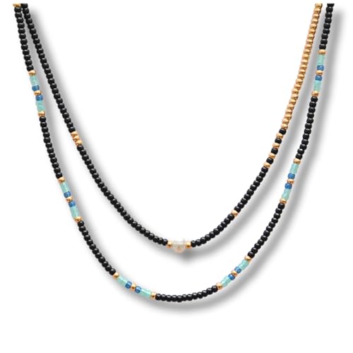 Beaded Choker Necklace for women and Teen Girls, Boho Bohemian Adjustable Colorful Seed Beads Necklace, Handmade Native American Style Jewelry by TRIBES - color: Black multicolor, style: Set of 2 Necklaces