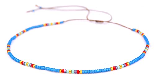 Beaded Choker Necklace for women and Teen Girls, Boho Bohemian Adjustable Colorful Seed Beads Necklace, Handmade Native American Style Jewelry by TRIBES - color: Blue Multicolor, style: Single Necklace