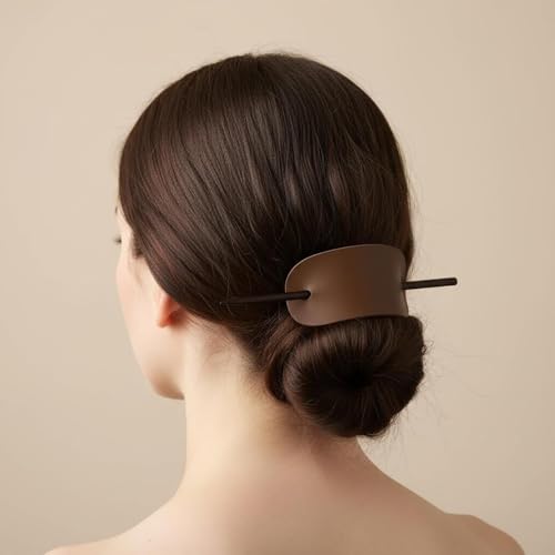 Leather Hair Barrette with Stick, 2 Pack Cream and Brown Faux Leather Ponytail Holder, 3.9 x 2 In Hair Clip with Stick for Buns Updos and Long Hair, Leather Hair Accessories for Women
