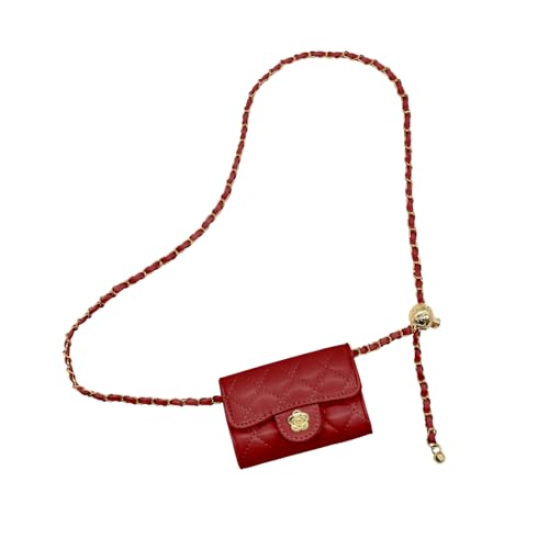 YAMEIZE Mini PU Leather Chain Belt Bag for Women Quilted Waist Purse Crossbody Fanny Pack Detachable Belt Chain - color: Red - Mini (4.7x2.7 Inch)