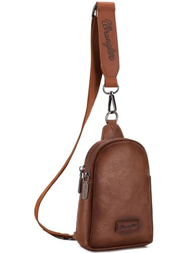 Wrangler Small Sling Bag for Women, Leather Crossbody Bags Cross Body Purse Fanny Packs with Adjustable Strap for Gift - color: Classic-caramel Brown Distressed
