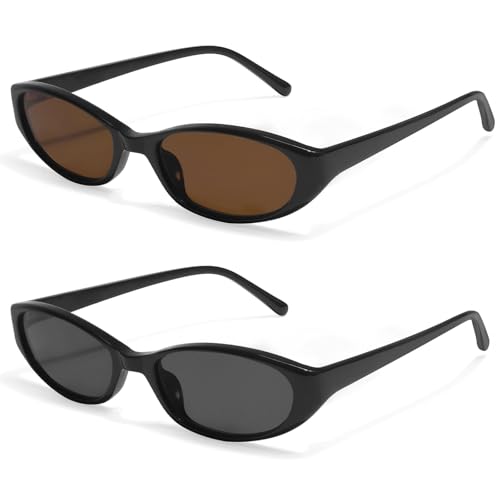 GUVIVI Retro Oval Sunglasses for Women 2026 90s Small Chic Cat Eye Sun Glasses Sunnies Lightweight Shades - color: 2 Pack Blackbrown + Black