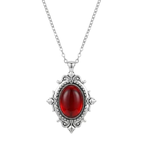 Gothic Vintage Gem Pendant Necklace | Victorian Style Filigree Silver-Tone Jewelry | Ideal Gift for Party Cosplay & Daily Wear - color: Red