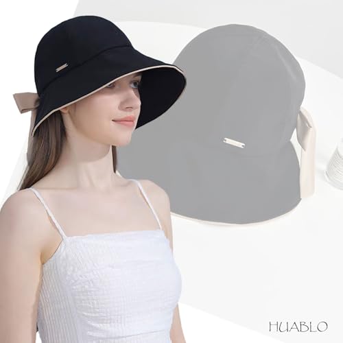 Wide Brim Hats for Woman Foldable Hats Sun Hats for Women uv Protection Bowknot Bucket hat Adjustable hat with Ponytail Hole - color: Black