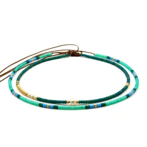 Beaded Choker Necklace for women and Teen Girls, Boho Bohemian Adjustable Colorful Seed Beads Necklace, Handmade Native American Style Jewelry by TRIBES - color: Turquoise-Green, style: Set of 2 Necklaces