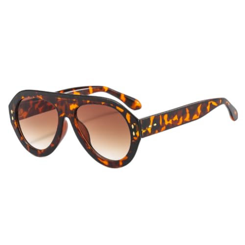 ENTHYI Pilot Sunglasses Popular Fashion Women Vintage Rivets Decoration Gradient Shades Ladies Hipster Round Sun Glasses - color: Leopard Print Tea