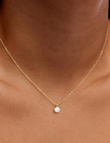 Opal Pendant Necklace for Women - Dainty 14k Gold Plated Jewelry Necklaces, Perfect Valentine's Day/Mother's Day Gift for Her, Mom, Girlfriend, Daughter - color: Round Opal-GD
