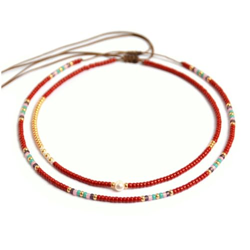 Beaded Choker Necklace for women and Teen Girls, Boho Bohemian Adjustable Colorful Seed Beads Necklace, Handmade Native American Style Jewelry by TRIBES - color: Burgundy Multicolor, style: Set of 2 Necklaces