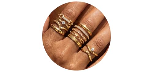 14K Gold Plated Stackable Rings for Women, Non Tarnish Cubic Zirconia Dainty Band Set, Wedding Engagement & Promise Rings, Sizes 5-10